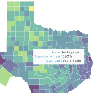 Bokeh choropleth map of Texas counties with a hover tooltip
